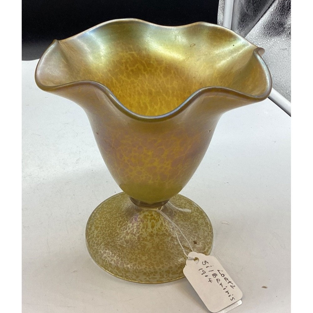 Loetz‎ Silberiris Art Glass Vase Golden Iridescent Ruffled Rim c.1904 Bohemian